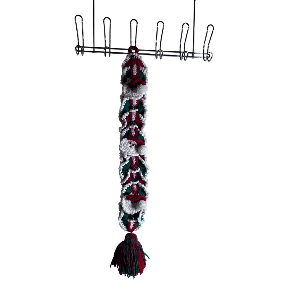Handmade Crochet Santa Christmas Door Hanger 27in Red Green Jingle Bells Decor